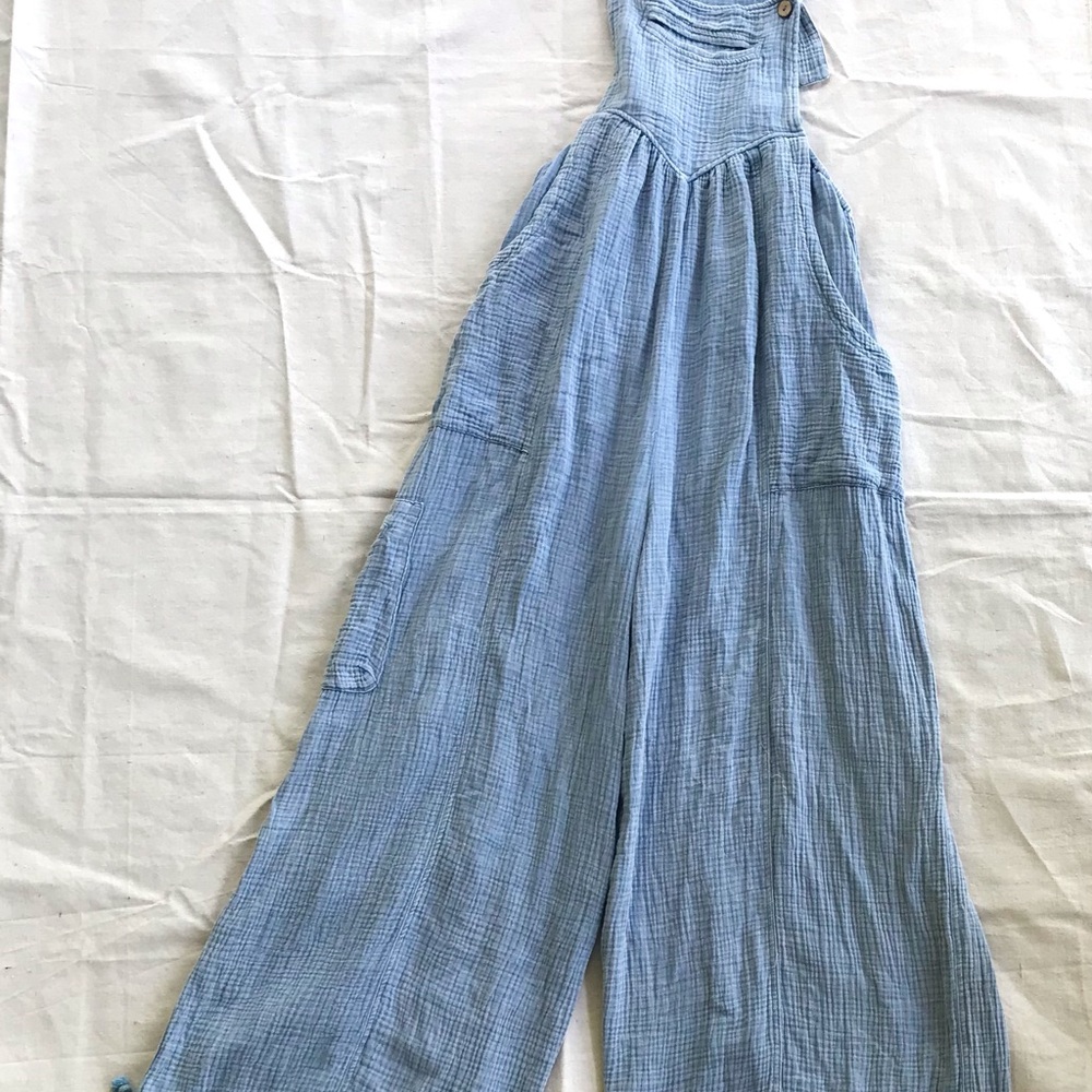 Crinkle Gauze Easel Overalls Wide Leg Boho Small - Picture 12 of 14